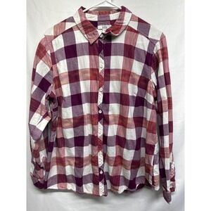 Croft & Barrow Womens XL Plaid Button Down Shirt Long Sleeve Burgundy White